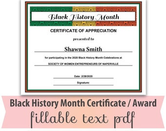 Black History Month Certificate of Appreciation Editable PDF Letter Size Instant Download Template  CTP-012-2