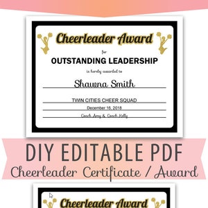 Certificado de animadora para animadoras, plantilla de bricolaje para equipos deportivos en formato PDF editable, tamaño carta, descarga instantánea, negro, dorado falso