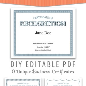 8 certificados de oficina comerciales únicos, plantilla de certificado de equipo editable en formato PDF, descarga instantánea