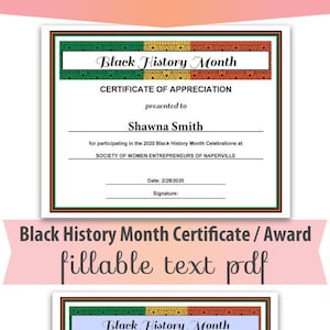 Certificado de reconocimiento del Mes de la Historia Afroamericana en formato PDF editable, tamaño carta, descarga instantánea, plantilla CTP-012-2