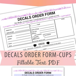 Formulario de pedido de calcomanías de vinilo Texto rellenable Formulario en formato PDF Tamaño carta Tazas, jarras, botellas, vasos y frascos personalizados Descarga instantánea BOP-027-H-CUPS