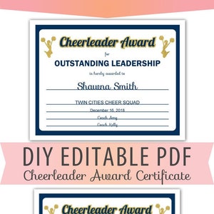 Certificado de animadora para animadoras, plantilla de bricolaje para equipos deportivos en formato PDF editable, tamaño carta, descarga instantánea, azul marino, dorado falso