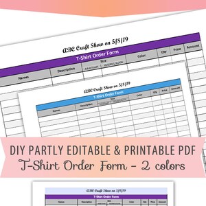 Formulario de pedido de camiseta PDF parcialmente editable, formulario de pedido de camisa, rastreador de pedidos 2 opciones de color Tamaño de letra Plantilla de descarga instantánea -BOP-037