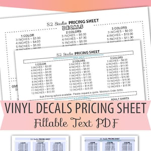 Hoja de precios de calcomanías de vinilo en formato PDF, texto editable o rellenable, formulario personalizado en blanco en tamaño carta - Descarga instantánea BOP-022
