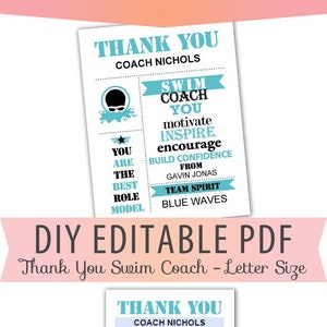 Certificado de agradecimiento al entrenador de natación para equipos deportivos editable en formato PDF, plantilla de premio estilo metro en tamaño carta, negro, azul y gris