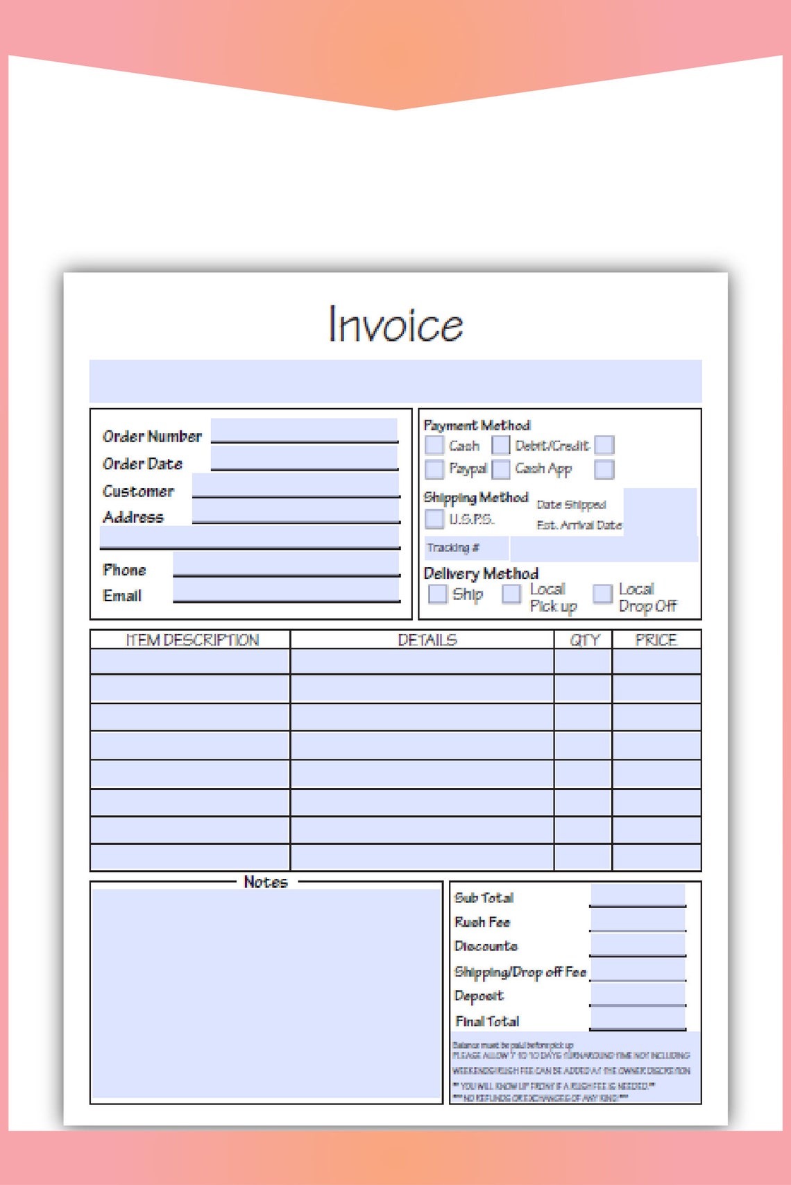 General Invoice Form Fillable Text Only Pdf Letter Size | Etsy