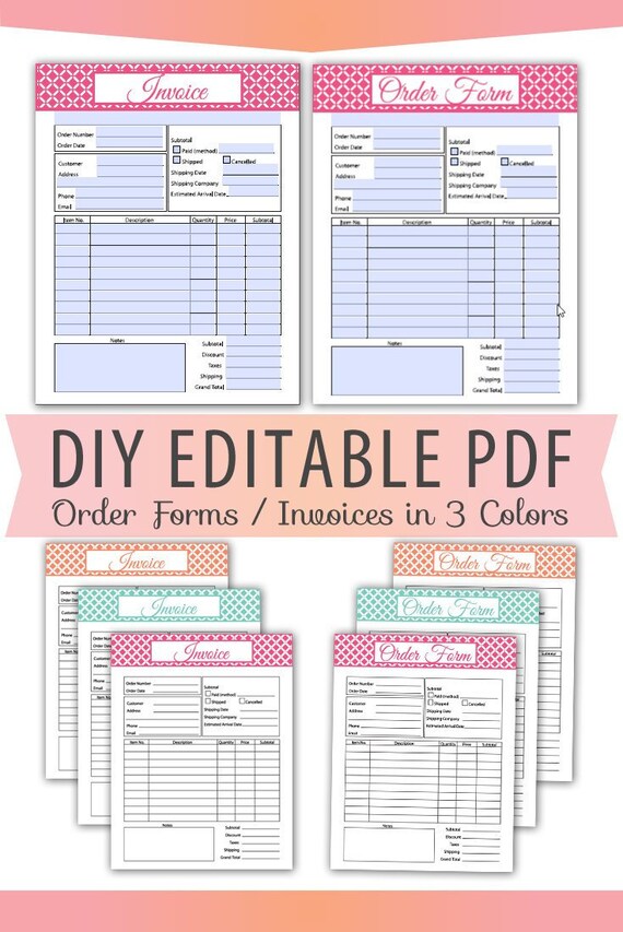 editable pdf order form invoice letter size forms sales sheet orders receipt instant download template in 3 colors pink green and coral forms invoices