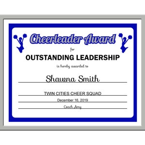 Certificado de animadora en PDF editable Plantilla de bricolaje para equipo deportivo azul real en tamaño carta Descarga instantánea -SC-002-CHEER-RoyalBlue