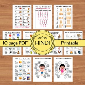 Páginas imprimibles de aprendizaje temprano en hindi, números, alfabeto, colores, frutas, animales, tamaño de letra, PDF de 10 páginas, descarga instantánea CTP-20-All