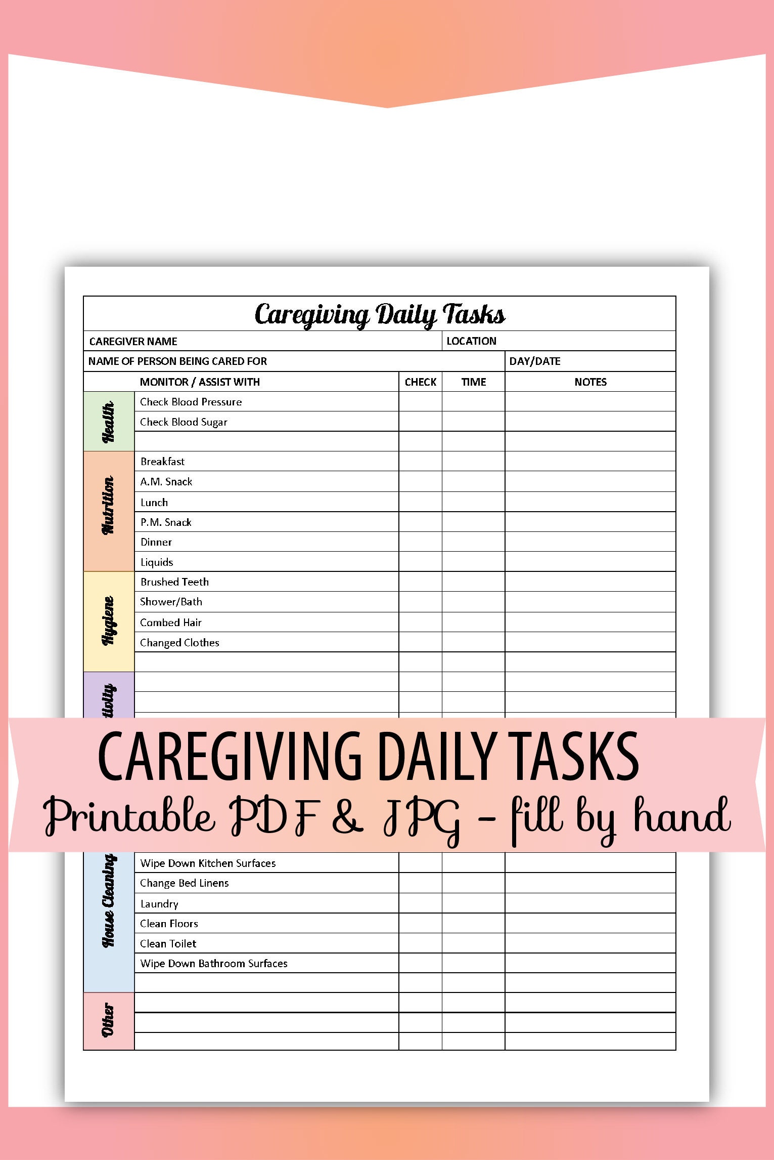 Care Giving Caregiver Daily Tasks Form Printable PDF JPG Etsy
