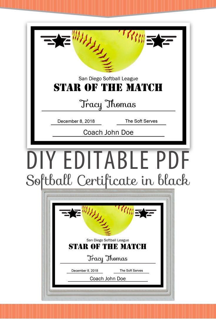 Editable PDF Sports Team Softball Certificate diy Award Template in black  Letter Size Instant Download In Softball Award Certificate Template