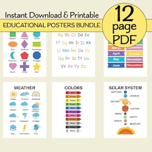 12 PDF Lernposter Montessori Klassenzimmer Dekor Regenbogen Handschrift Alphabet Chart, ABC Poster Schule Homeschool Decor Bundle KEP-014