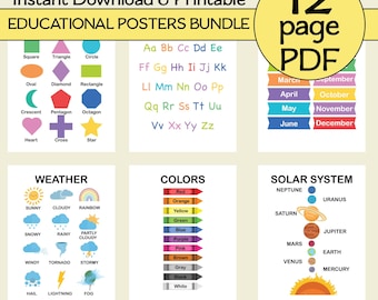 12 Educational PDF Posters Montessori Classroom Decor Rainbow Handwriting Alphabet Chart, ABC Poster School Homeschool Decor Bundle KBP-014