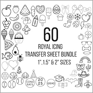 May include: A black and white illustration of 60 different royal icing transfer sheet designs. The designs include a variety of shapes, such as hearts, stars, pumpkins, and butterflies. The text "60 Royal Icing Transfer Sheet Bundle 1", 1.5" & 2" Sizes" is included in the image.