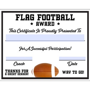 Flag Football Certificate Fillable/Editable PDF Participation Achievement Completion Award Template Letter Size Instant Download SC-007-FF image 1