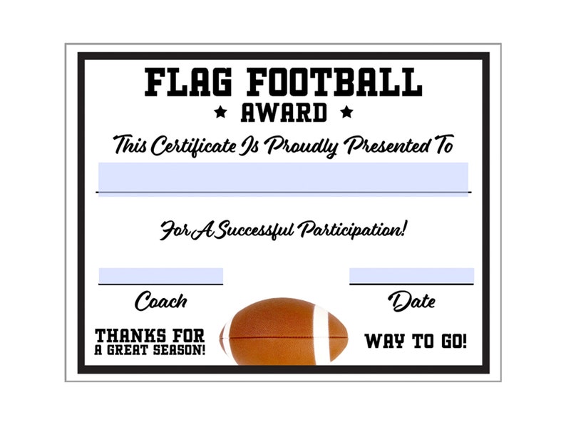 Flag Football Certificate Fillable/Editable PDF Participation Achievement Completion Award Template Letter Size Instant Download SC-007-FF image 1