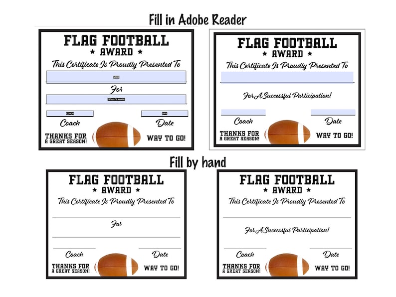 Flag Football Certificate Fillable/Editable PDF Participation Achievement Completion Award Template Letter Size Instant Download SC-007-FF image 3