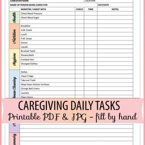 Care Giving Caregiver Daily Tasks Form Printable PDF & JPG, fill by hand, Letter Size Instant Download Template BOP-055-A