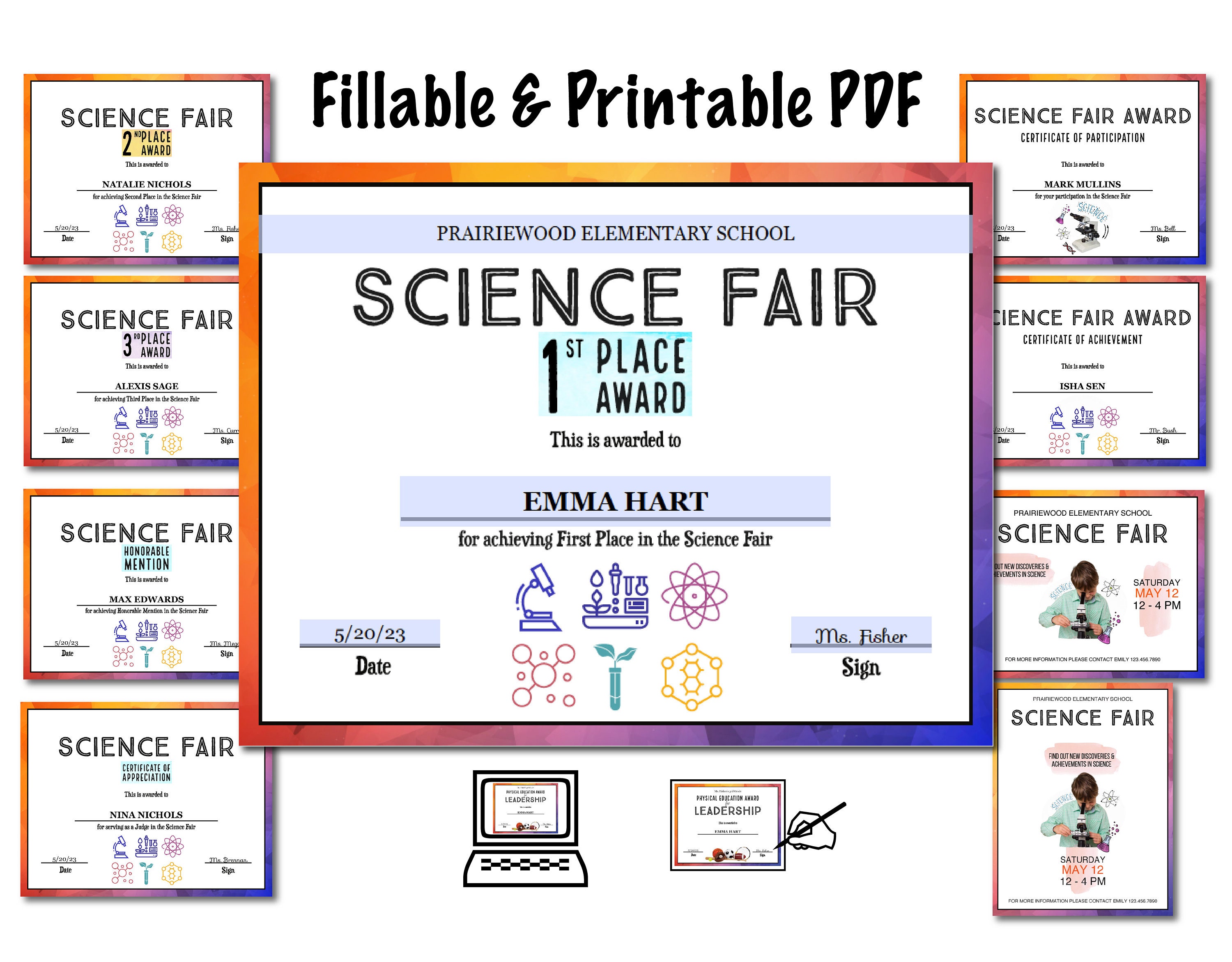 Science Fair Award Certificate Template: Fillable PDF (9-pack) - Etsy