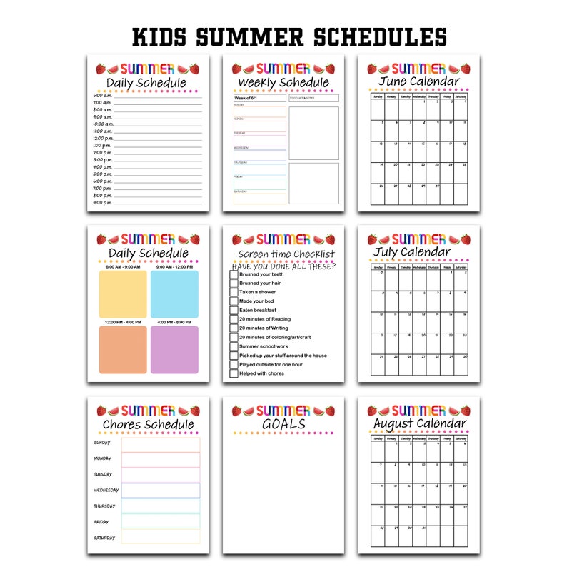 Summer Rules Schedules Fillable Editable printable 9 Page PDF Etsy