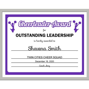 Certificado de animadora en formato PDF editable Plantilla de bricolaje para equipo deportivo morado en tamaño carta Descarga instantánea -SC-002-CHEER-Purple