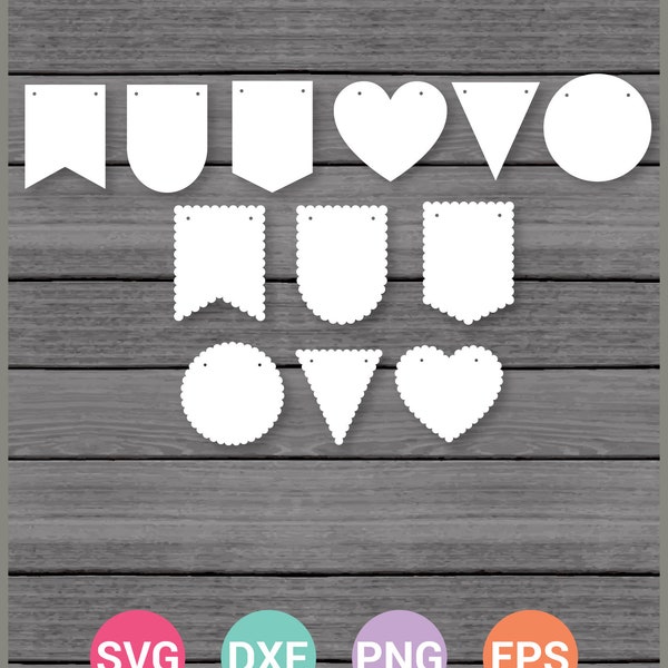 12 Pennant Banners Flag Heart Circle Scallop Edge SVG Cut Files, Cricut Design Space, Silhouette,Instant Download,Svg, Png, Eps, Dxf PU CU