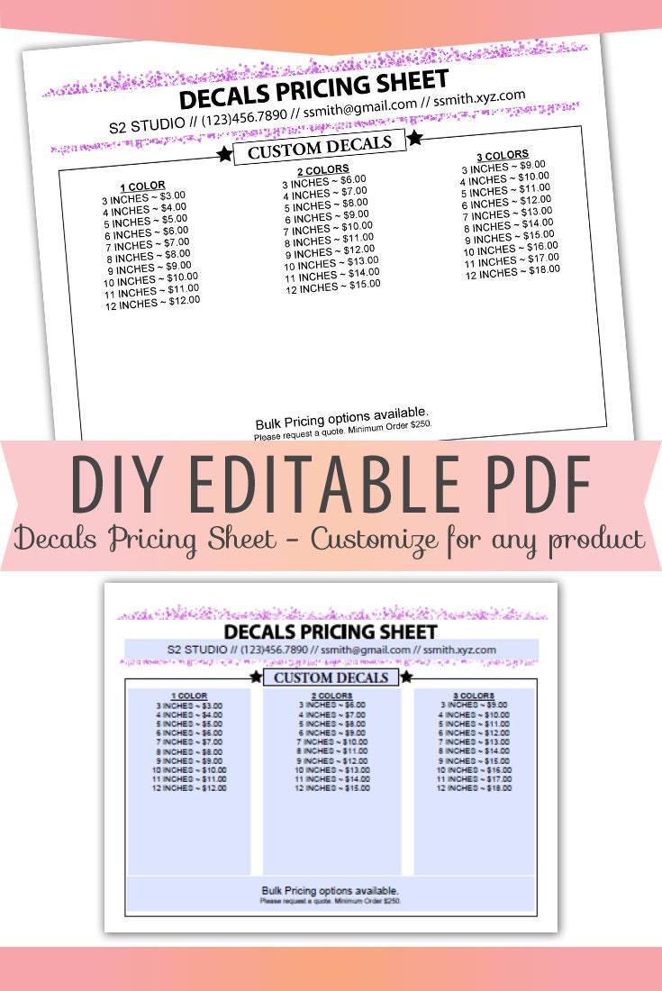 Vinyl Decals Pricing Sheet Editable PDF Letter Size Forms Etsy