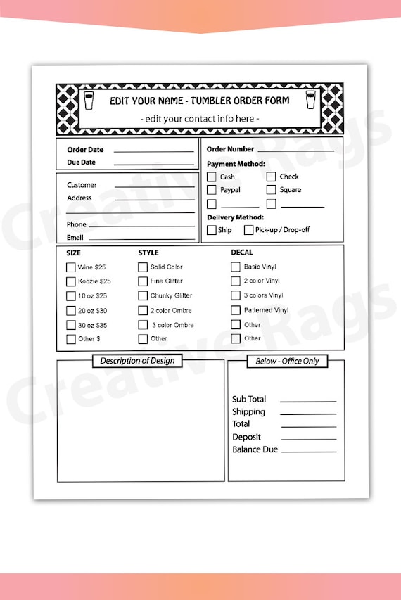 vinyl decal order form
 DIY Editable PDF TUMBLERS Order Form Vinyl Decals Sheet Letter Size Forms  Sales Sheet Orders Custom Tumblers Instant Download Template