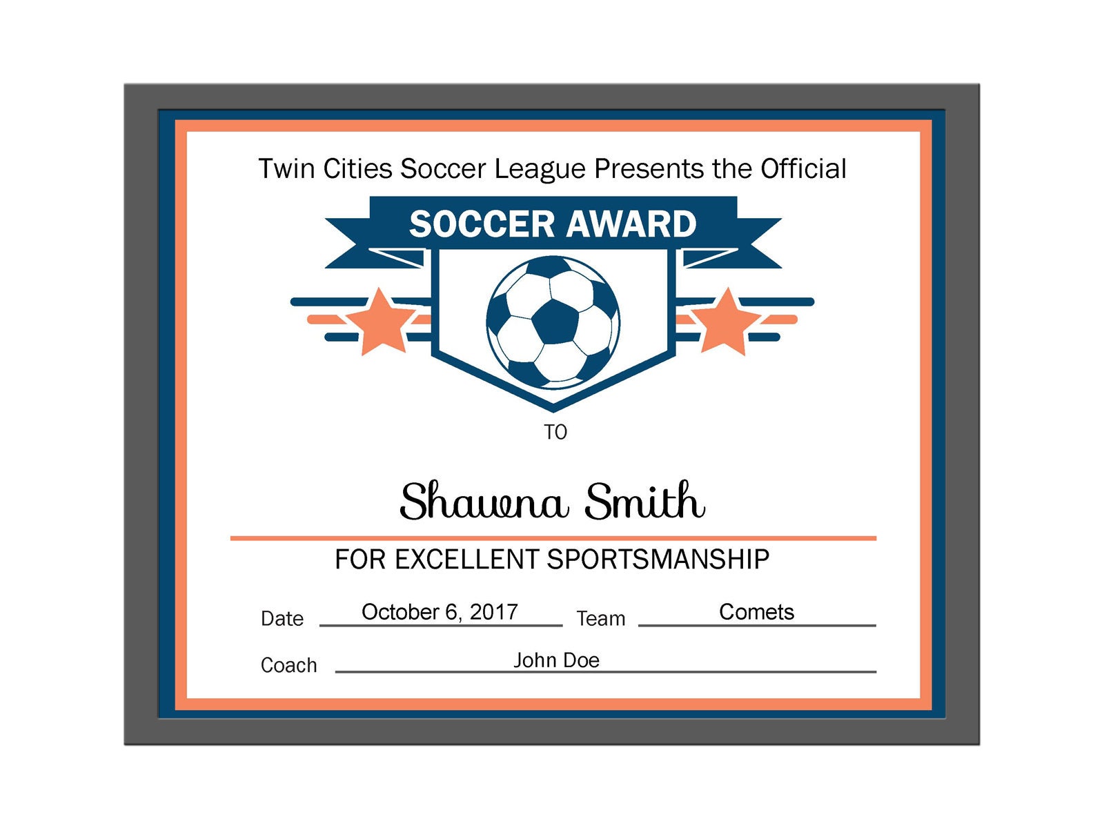 Editable PDF Sports Team Soccer Certificate Award Template in 22 colors  Orange Navy, Red Navy and Red Black Pertaining To Soccer Certificate Template