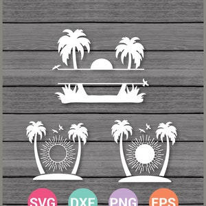 May include: A digital download of SVG, DXF, PNG, and EPS cut files for a palm tree, beach, and sunset monogram. The design features two palm trees with a sun and birds.