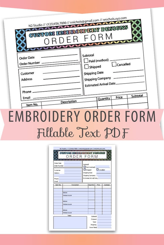 fillable/editable text only pdf embroidery order form invoice blank letter  size forms sales sheet orders receipt digital download bop029