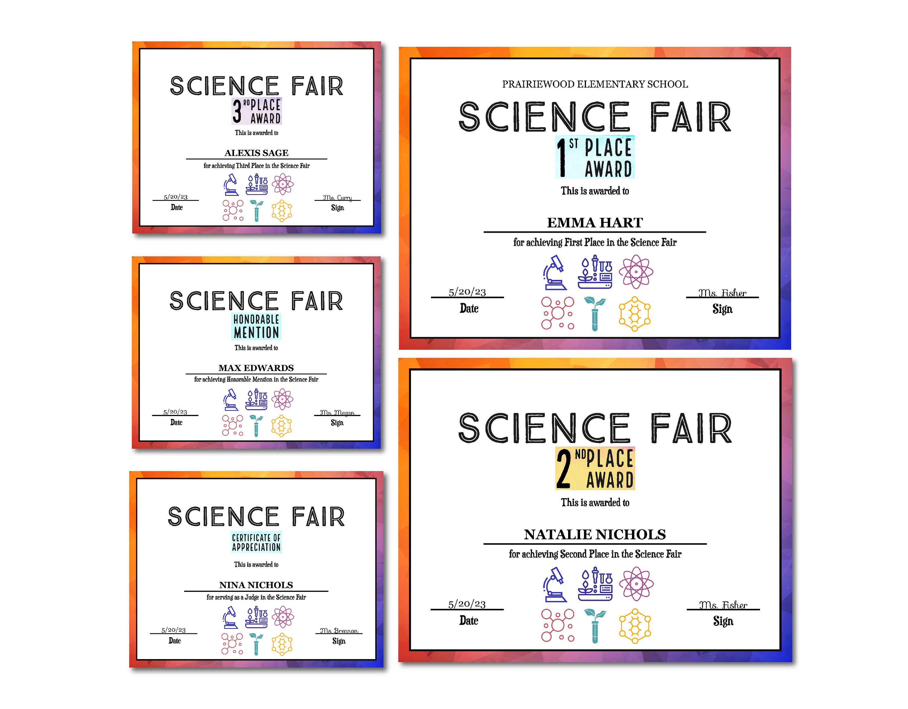 Science Fair Award Certificate Template: Fillable PDF (9-pack) - Etsy
