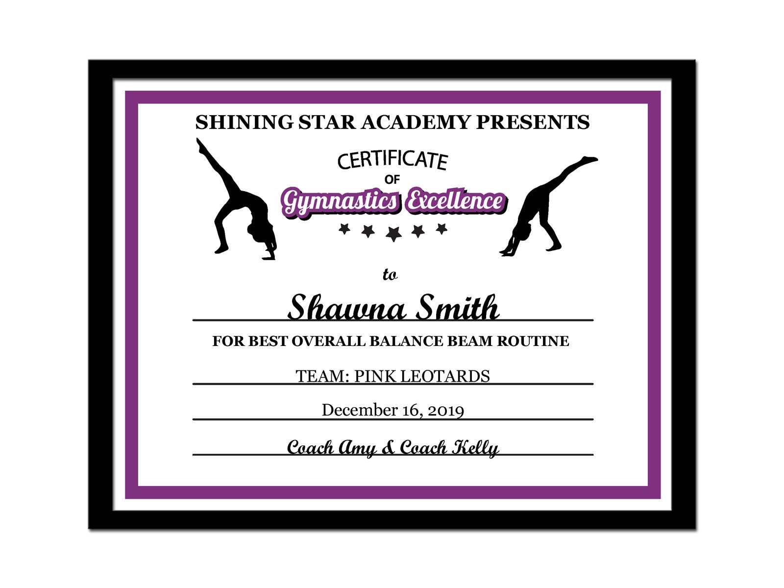 Editable PDF Sports Team Gymnastics Certificate Award Template in 21 colors  Letter Size Instant Download pdf & blank jpg SC-21-GYMNASTICS