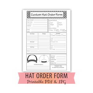 Formulario de pedido de sombreros en formato PDF y JPG para imprimir en tamaño carta, descarga instantánea -BOP-044-LETTERSIZE