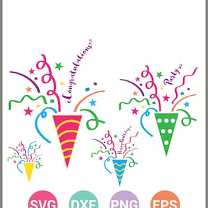 Könnte beinhalten: Drei bunte Party-Knallkörper-Designs mit Konfetti und Text. Die Designs beinhalten "Happy Birthday", "Congratulations" und "Party".