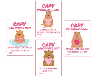 Capybara Valentine's day printable gift favor tag, Classroom Valentine's Day Kids, 8 tags on a page, Letter Size PDF Instant Download PP-010