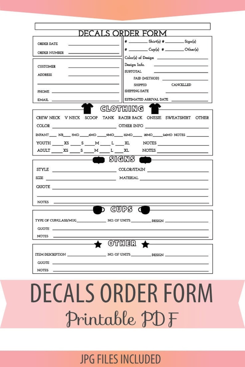 vinyl decals order form sheet letter size forms sales sheet etsy