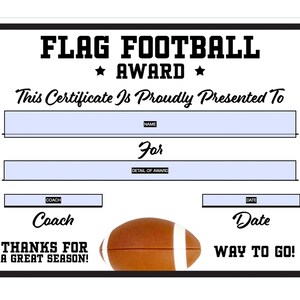 Flag Football Certificate Fillable/Editable PDF Participation Achievement Completion Award Template Letter Size Instant Download SC-007-FF image 2