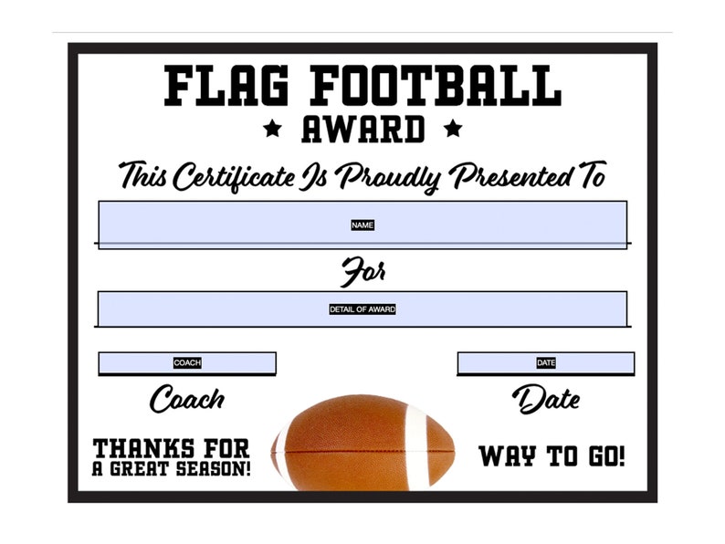 Flag Football Certificate Fillable/Editable PDF Participation Achievement Completion Award Template Letter Size Instant Download SC-007-FF image 2