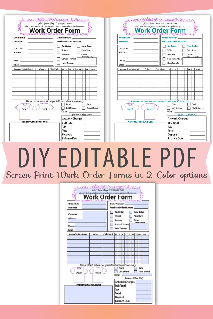 diy editable pdf tshirt screen print work order form letter etsy shop work order form