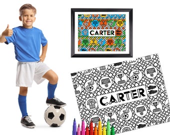 Digital Custom Name Soccer Coloring Poster, Coloring Page, Kids Color, Party Favors, Birthday Gift Printable PDF Digital Download DP-094