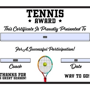 Certificado de Tênis PDF editável/preenchível Participação Conquista Conclusão Prêmio Modelo Tamanho Carta Download Instantâneo SC-007-tennis