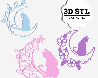 Cat Moon 3D STL Ornament, 3d print file STL, cat moon ornament, cat moon mandala, floral 3d pet moon ornament, Digital File Only #stl-006