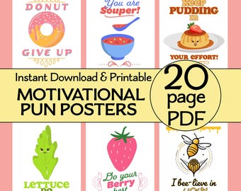 20 Motivational Pun PDF Posters Montessori Decor, Funny Elementary Classroom Homeschool Decor, Bulletin Board Kindergarten Bundle KBP-015