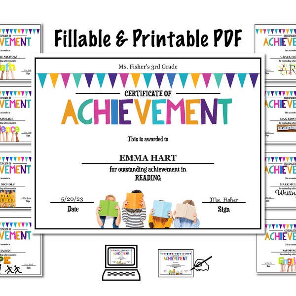 Fillable Printable PDF Math award, Science, Reading Kids Children Teacher Classroom Certificate Award Template 9 Pack Printable -CTP-014