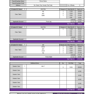 May include: An invoice from My Company, detailing student classes and costs. It features sections for student IDs, class types, and subtotals, with a final total of £275.95. Includes a logo placeholder.