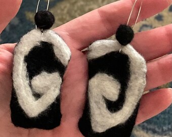 Earring black and white light weight earring rectangular shape wet felted earring one of a kind bold earring great gift for a friend