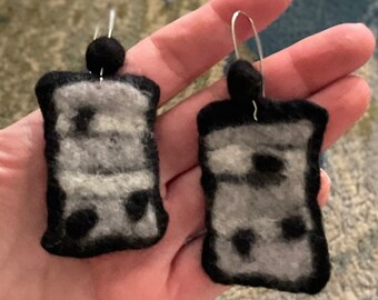 Earring black and white light weight earring rectangular shape wet felted earring one of a kind bold earring great gift for a friend