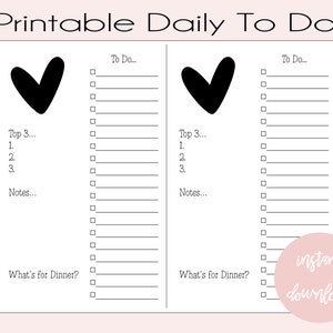 Puede incluir: Lista de tareas diarias imprimible con dos columnas. Cada columna tiene un coraz&oacute;n con una marca de verificaci&oacute;n, una secci&oacute;n para las 3 tareas principales, una secci&oacute;n para notas, una secci&oacute;n para la cena y una lista de tareas con 15 l&iacute;neas en blanco.