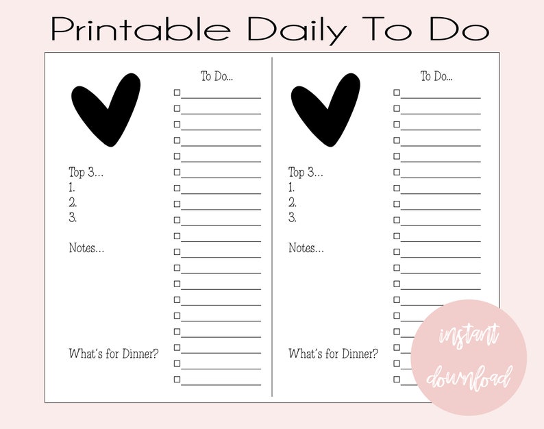 Puede incluir: Lista de tareas diarias imprimible con dos columnas. Cada columna tiene un coraz&oacute;n con una marca de verificaci&oacute;n, una secci&oacute;n para las 3 tareas principales, una secci&oacute;n para notas, una secci&oacute;n para la cena y una lista de tareas con 15 l&iacute;neas en blanco.